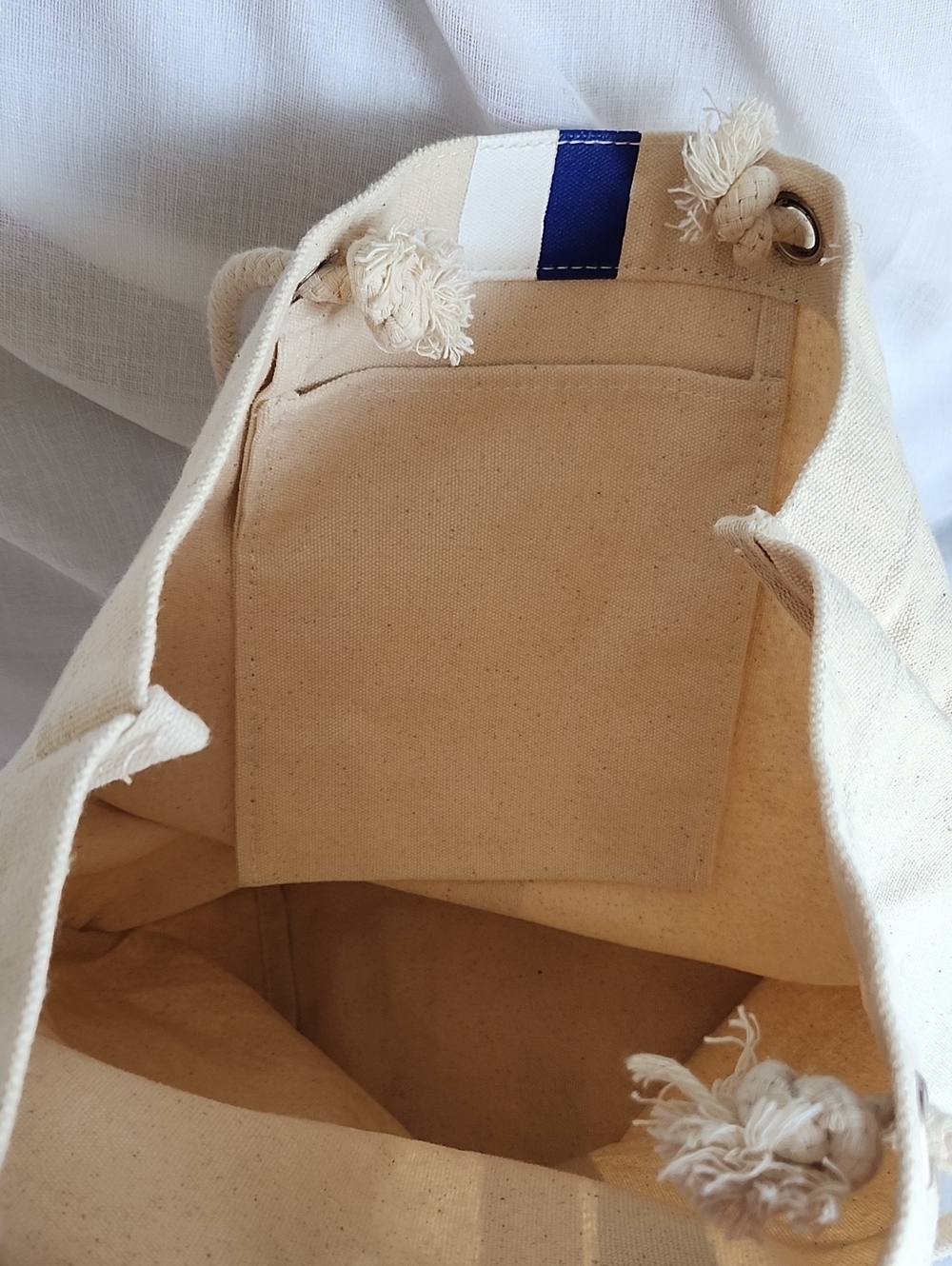 Rothy's Ex Cond Cream Canvas, Logo, Blue & White Stripe Accent Med Tote, $20 - Picture 8 of 8